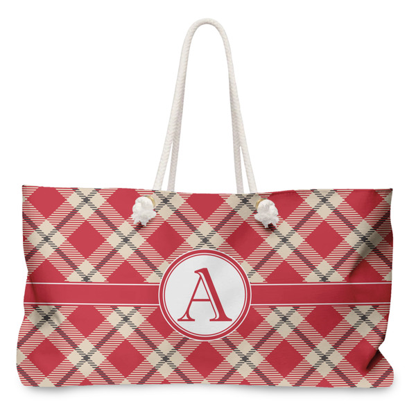 Custom Red & Tan Plaid Large Tote Bag with Rope Handles (Personalized)