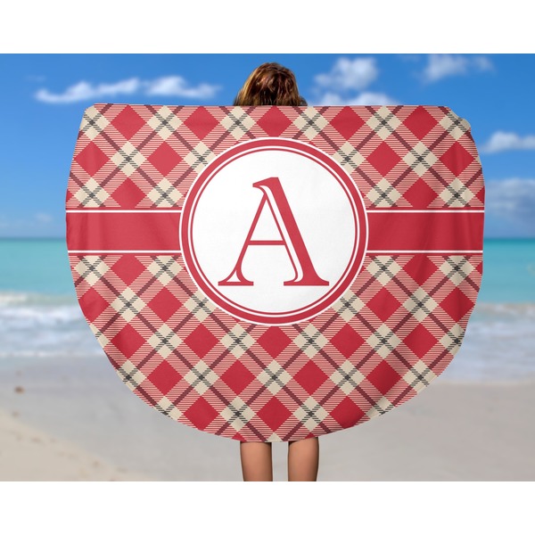Red & Tan Plaid Round Beach Towel - In Use