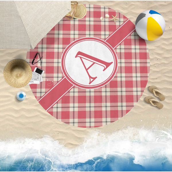 Red & Tan Plaid Round Beach Towel Lifestyle