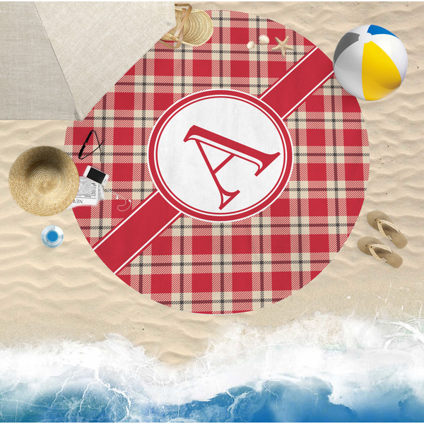 Red & Tan Plaid Round Beach Towel Lifestyle
