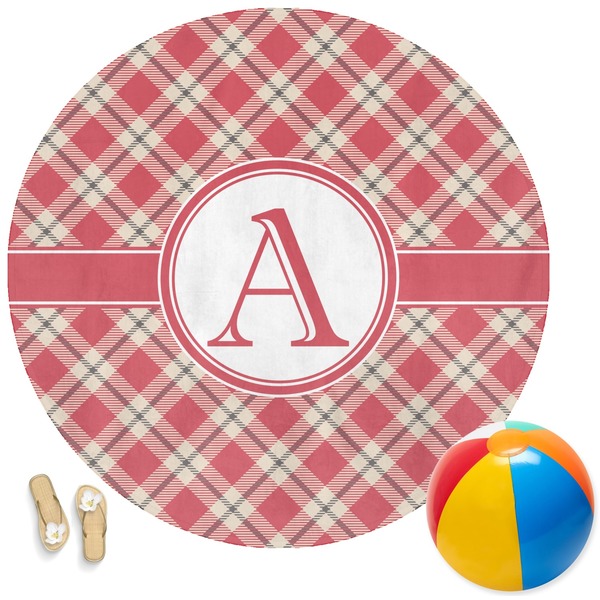 Custom Red & Tan Plaid Round Beach Towel (Personalized)