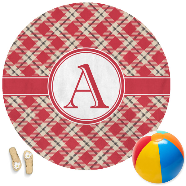 Custom Red & Tan Plaid Round Beach Towel (Personalized)