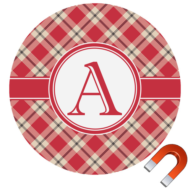 Custom Red & Tan Plaid Round Car Magnet - 10" (Personalized)