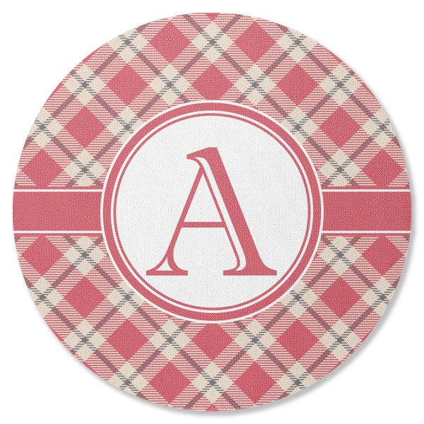 Custom Red & Tan Plaid Round Rubber Backed Coaster (Personalized)