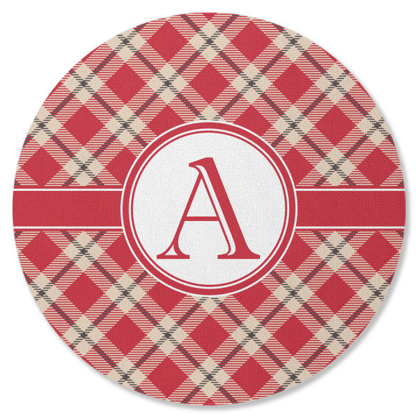 Custom Red & Tan Plaid Round Rubber Backed Coaster (Personalized)