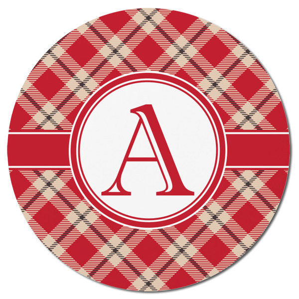 Red & Tan Plaid Round Fridge Magnet - FRONT