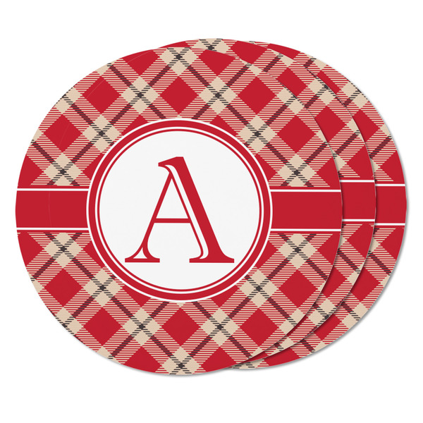 Red & Tan Plaid Round Fridge Magnet - THREE