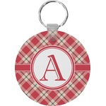 Red & Tan Plaid Round Plastic Keychain (Personalized)