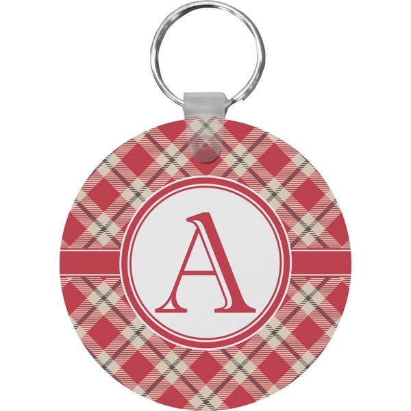 Custom Red & Tan Plaid Round Plastic Keychain (Personalized)
