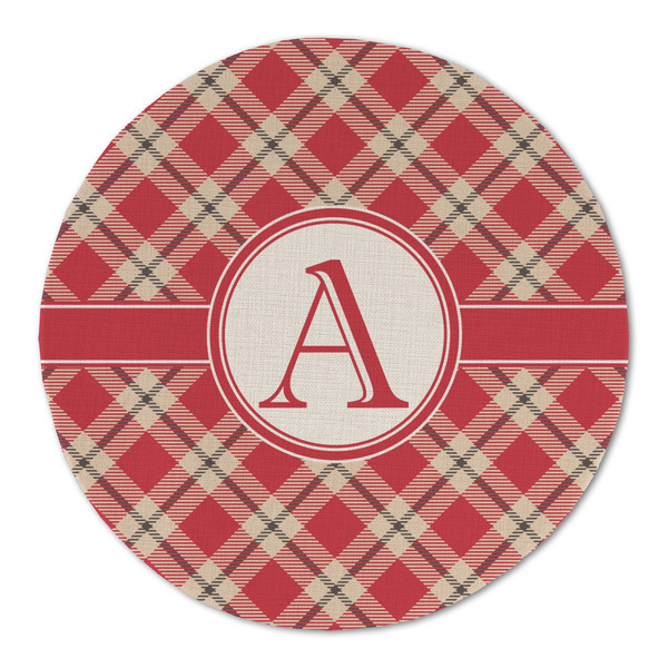 Red & Tan Plaid Round Linen Placemats - FRONT (Single Sided)