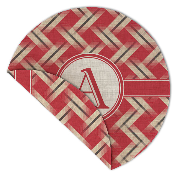 Red & Tan Plaid Round Linen Placemats - Front (folded corner double sided)