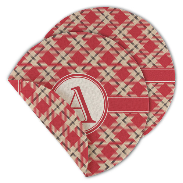 Custom Red & Tan Plaid Round Linen Placemat - Double Sided (Personalized)