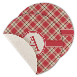 Red & Tan Plaid Round Linen Placemat - Single Sided - Set of 4 (Personalized)