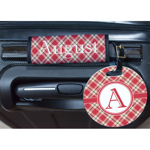 Red & Tan Plaid Round Luggage Tag & Handle Wrap - In Context