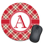 Red & Tan Plaid Round Mouse Pad (Personalized)