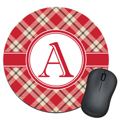 Red & Tan Plaid Round Mouse Pad (Personalized)