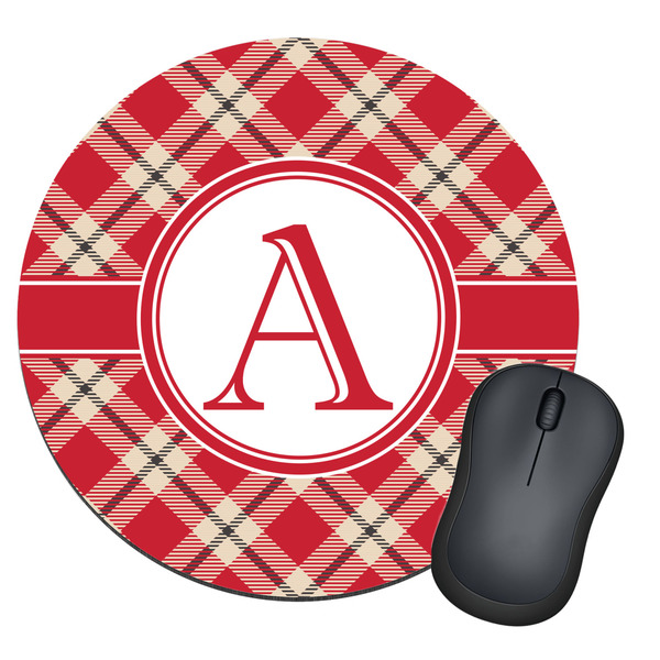 Custom Red & Tan Plaid Round Mouse Pad (Personalized)