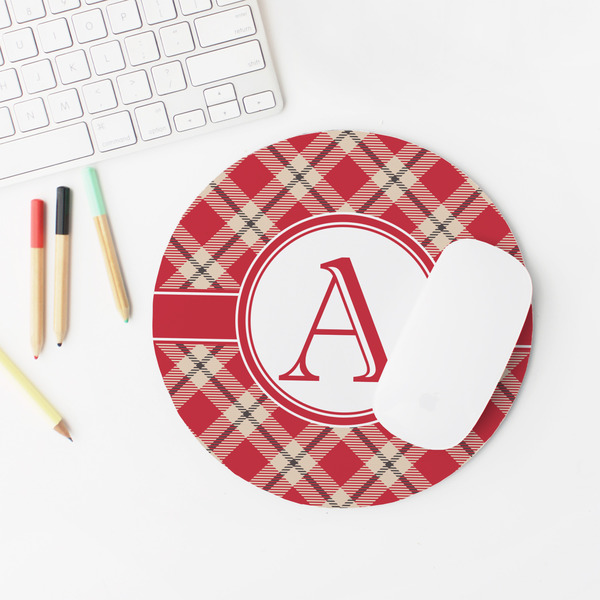 Red & Tan Plaid Round Mousepad - LIFESTYLE 2