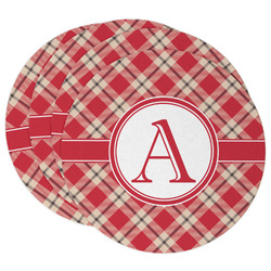 Red & Tan Plaid Round Paper Coasters w/ Initial