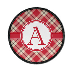 Red & Tan Plaid Iron On Round Patch w/ Initial