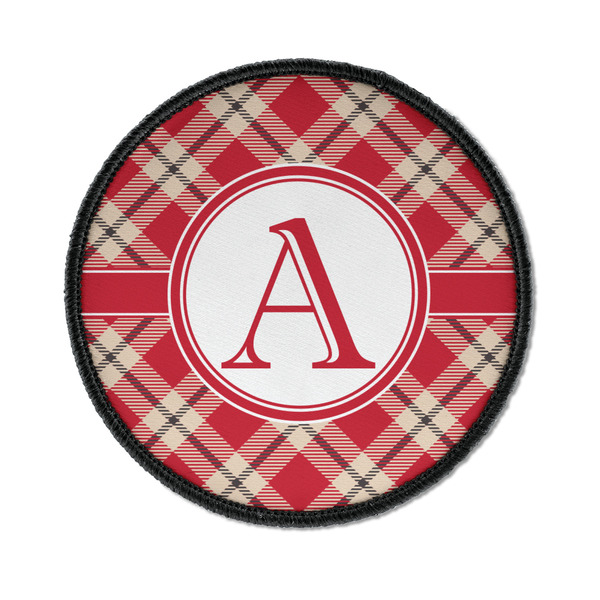 Custom Red & Tan Plaid Iron On Round Patch w/ Initial