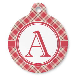 Red & Tan Plaid Round Pet ID Tag (Personalized)