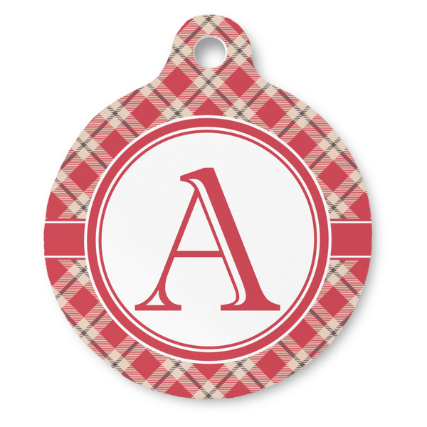 Custom Red & Tan Plaid Round Pet ID Tag - Large (Personalized)
