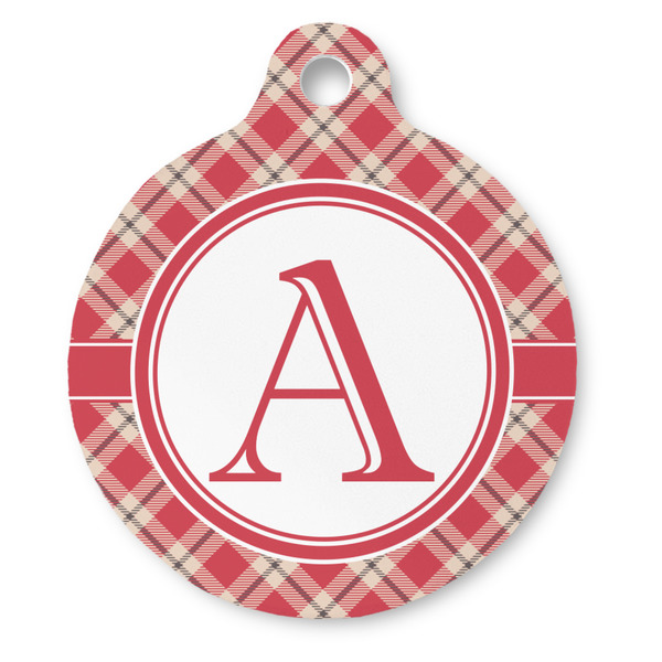 Custom Red & Tan Plaid Round Pet ID Tag (Personalized)