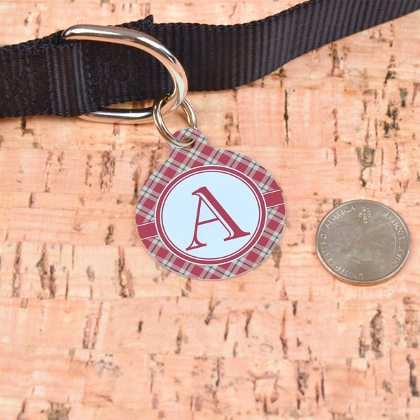 Red & Tan Plaid Round Pet ID Tag - Large - In Context