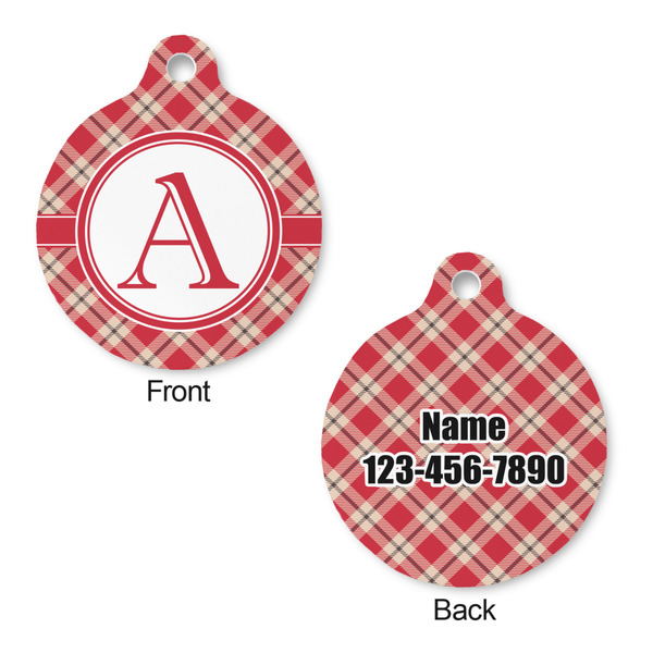Red & Tan Plaid Round Pet Tag - Front & Back