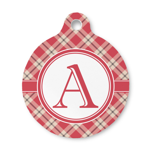 Custom Red & Tan Plaid Round Pet ID Tag - Small (Personalized)