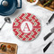 Red & Tan Plaid Round Stone Trivet - In Context View