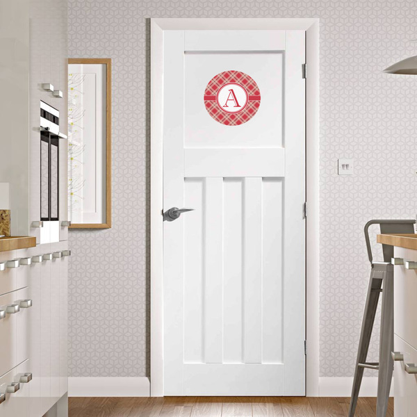 Red & Tan Plaid Round Wall Decal on Door