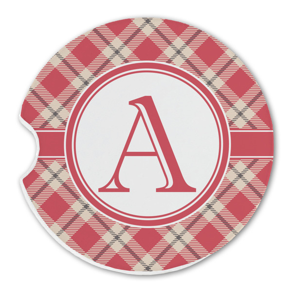 Custom Red & Tan Plaid Sandstone Car Coaster - Single (Personalized)