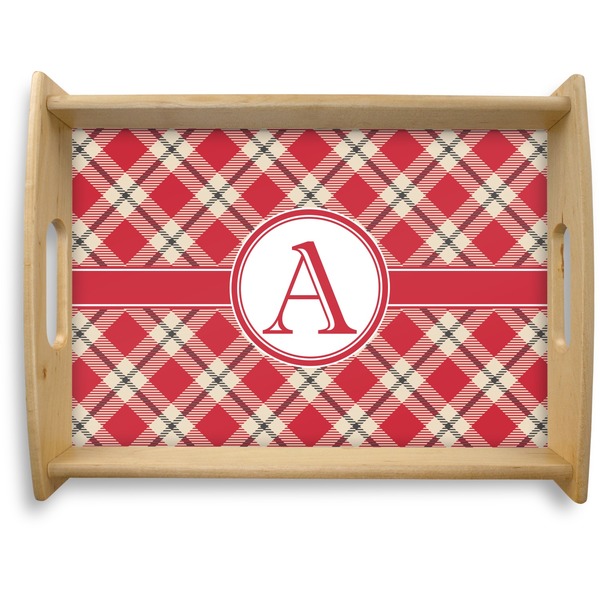 Custom Red & Tan Plaid Natural Wooden Tray - Large (Personalized)