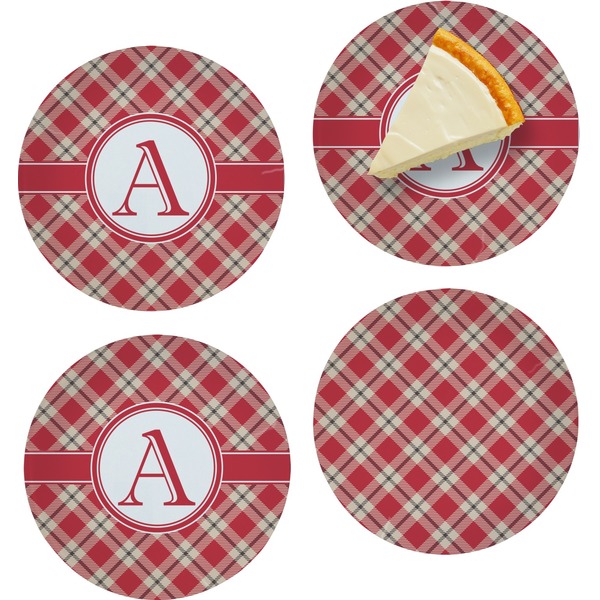 Custom Red & Tan Plaid Set of 4 Glass Appetizer / Dessert Plate 8" (Personalized)