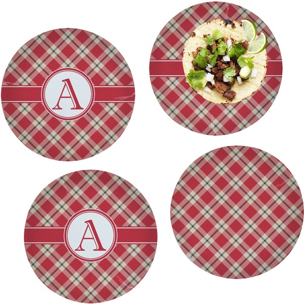 Custom Red & Tan Plaid Set of 4 Glass Lunch / Dinner Plate 10" (Personalized)