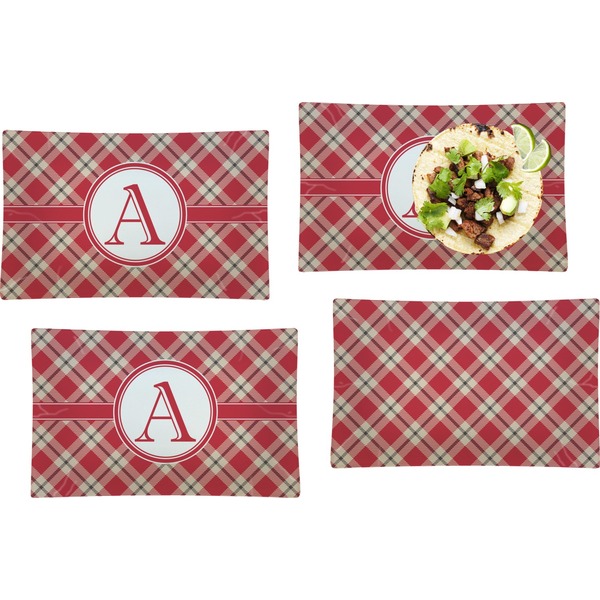 Custom Red & Tan Plaid Set of 4 Glass Rectangular Lunch / Dinner Plate (Personalized)