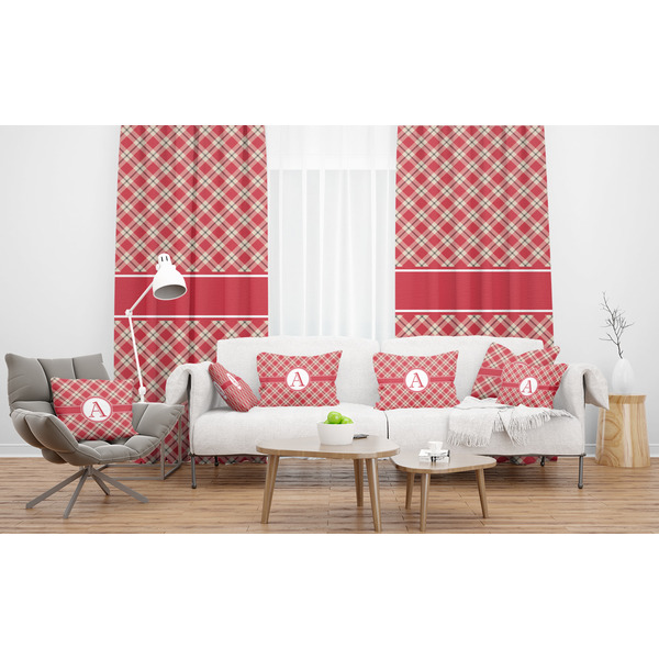 Red & Tan Plaid Sheer and Custom Curtains in Room with Matching Pillows