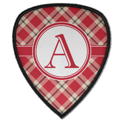 Red & Tan Plaid Iron on Shield Patch A w/ Initial