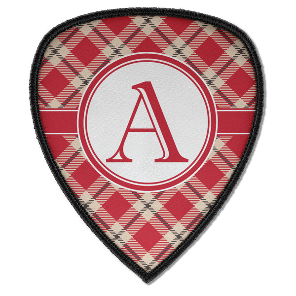 Custom Red & Tan Plaid Iron on Shield Patch A w/ Initial
