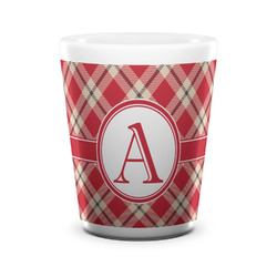 Red & Tan Plaid Ceramic Shot Glass - 1.5 oz - White - Set of 4 (Personalized)