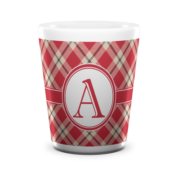 Red & Tan Plaid Shot Glass - White - FRONT