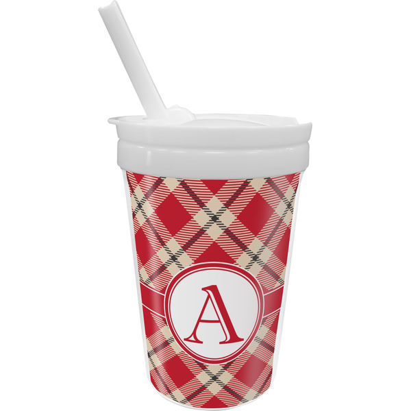 Custom Red & Tan Plaid Sippy Cup with Straw (Personalized)