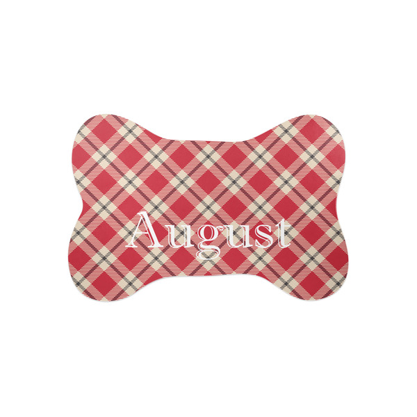 Custom Red & Tan Plaid Bone Shaped Dog Food Mat (Small) (Personalized)