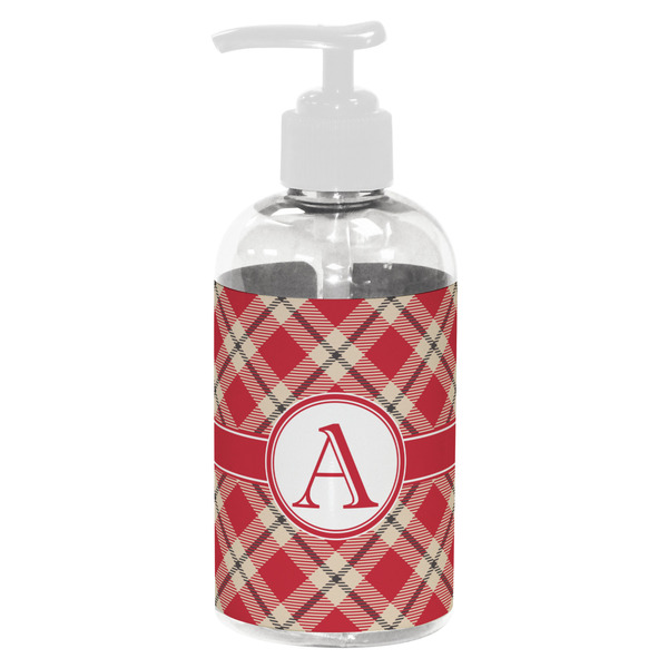Custom Red & Tan Plaid Plastic Soap / Lotion Dispenser (8 oz - Small - White) (Personalized)