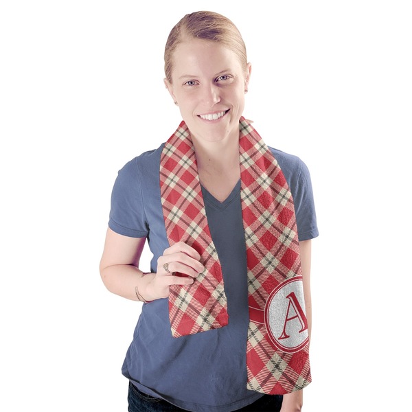 Red & Tan Plaid Sport Towel - Exercise use - Model