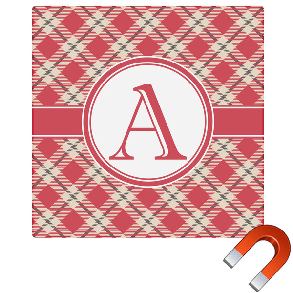 Custom Red & Tan Plaid Square Car Magnet - 6" (Personalized)
