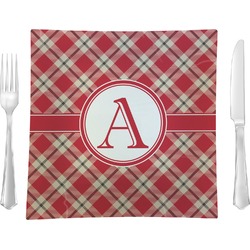 Red & Tan Plaid Glass Square Lunch / Dinner Plate 9.5" (Personalized)