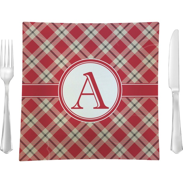 Custom Red & Tan Plaid Glass Square Lunch / Dinner Plate 9.5" (Personalized)